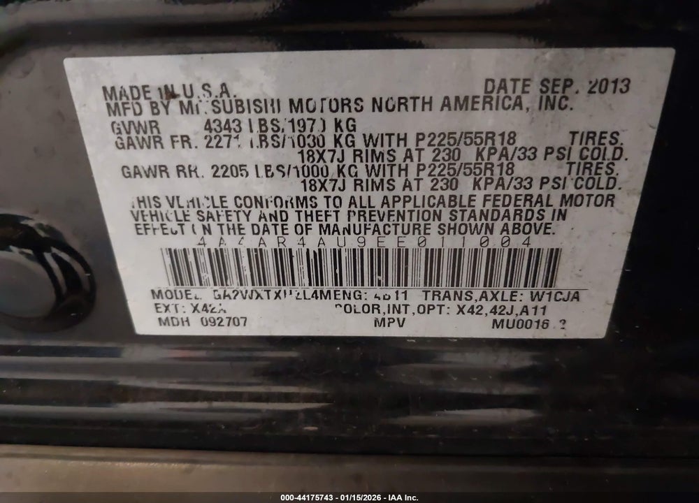 2014 MITSUBISHI OUTLANDER SPORT SE VIN: 4A4AR4AU9EE011004