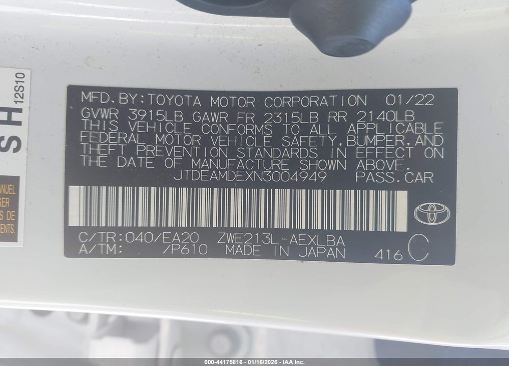 2022 TOYOTA COROLLA HYBRID LE VIN: JTDEAMDEXN3004949