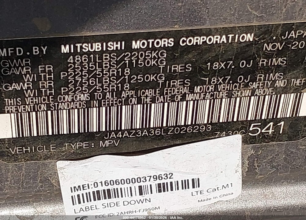 2020 MITSUBISHI OUTLANDER ES 2.4 S-AWC/LE 2.4 S-AWC/SE 2.4 S-AWC/SEL 2.4 S-AWC/SP 2.4 S-AWC VIN: JA4AZ3A36LZ026293