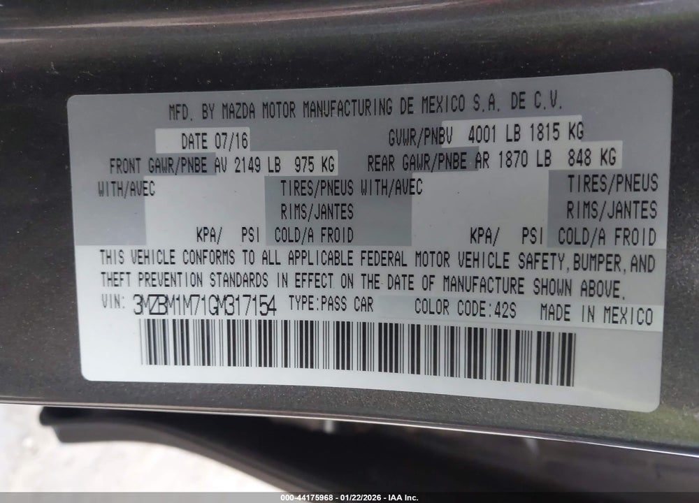 2016 MAZDA 3 I TOURING VIN: 3MZBM1M71GM317154