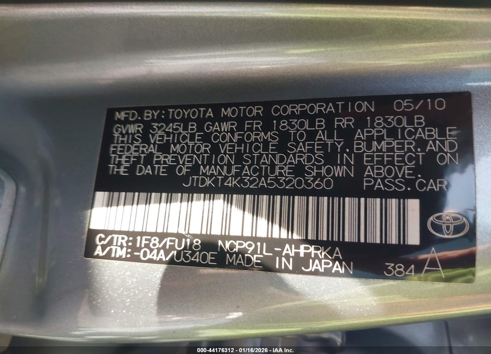 2010 TOYOTA YARIS VIN: JTDKT4K32A5320360