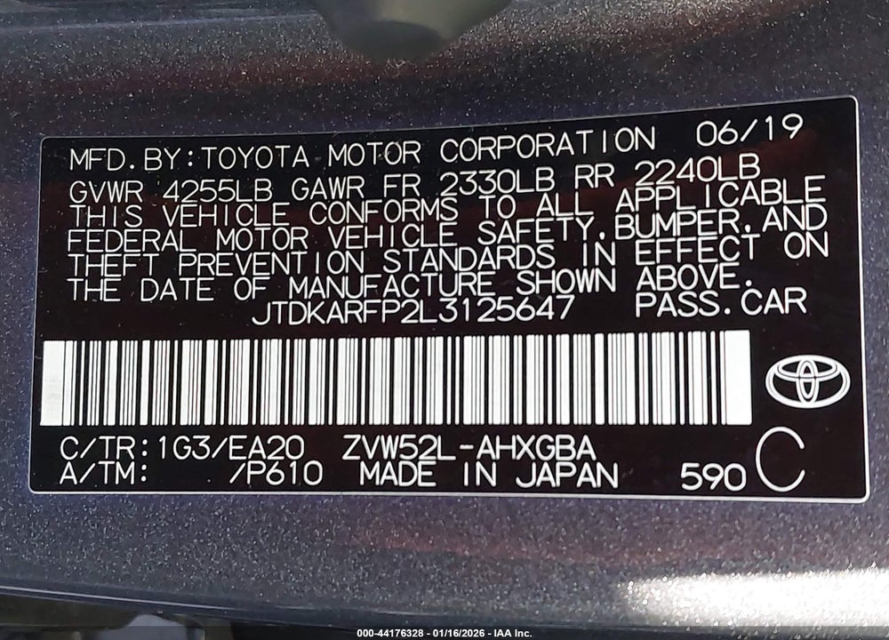 2020 TOYOTA PRIUS PRIME XLE VIN: JTDKARFP2L3125647