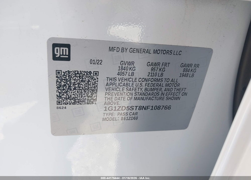 2022 CHEVROLET MALIBU FWD LT VIN: 1G1ZD5ST8NF108766