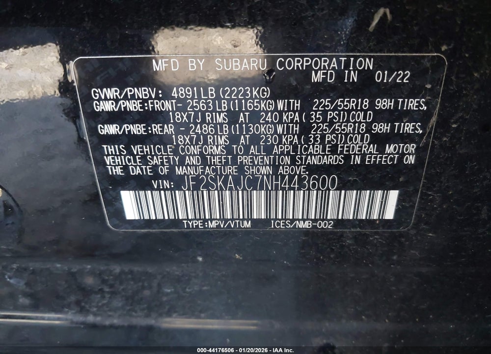 2022 SUBARU FORESTER SPORT VIN: JF2SKAJC7NH443600