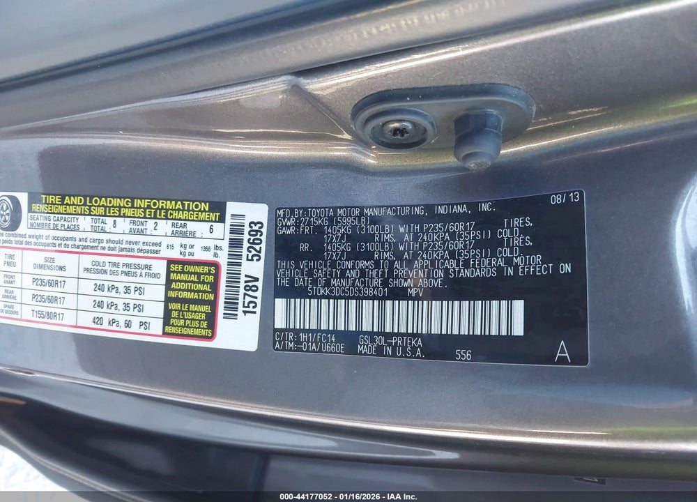 2013 TOYOTA SIENNA LE V6 8 PASSENGER VIN: 5TDKK3DC5DS398401