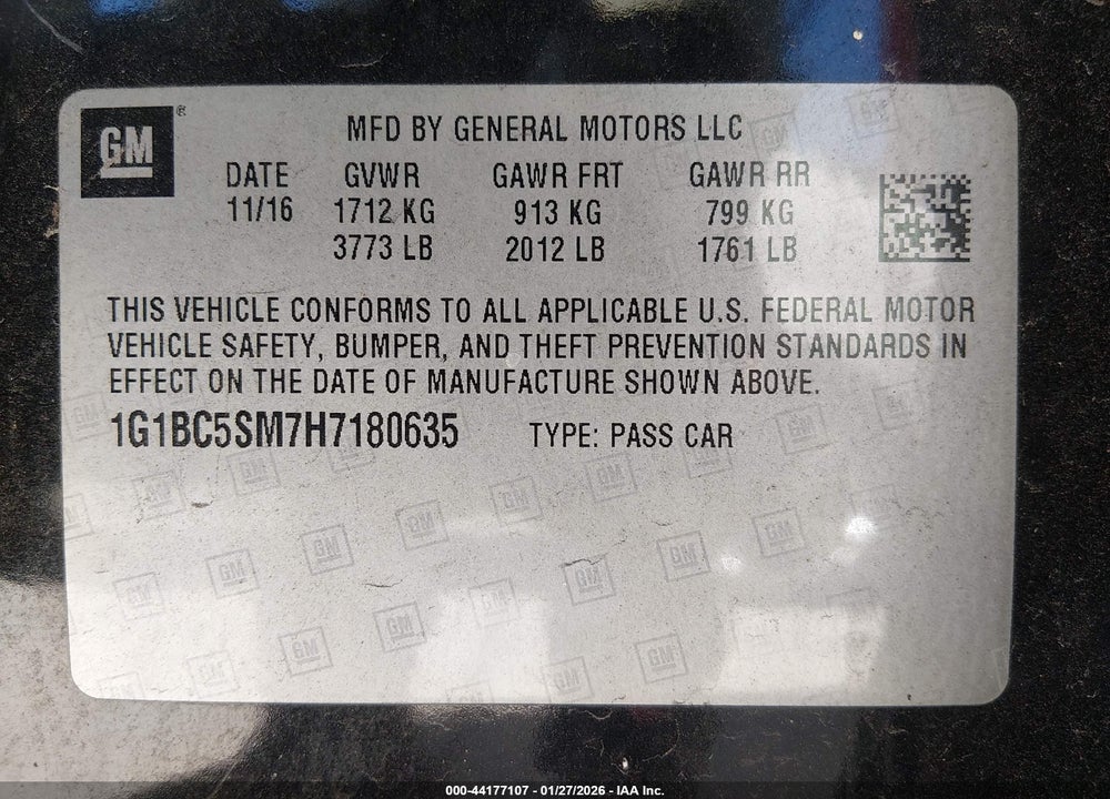 2017 CHEVROLET CRUZE LS AUTO VIN: 1G1BC5SM7H7180635