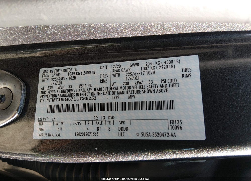 2020 FORD ESCAPE SE VIN: 1FMCU9G67LUC66253