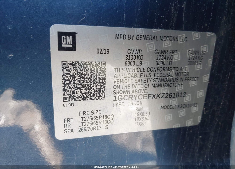 2019 CHEVROLET SILVERADO 1500 CUSTOM TRAIL BOSS VIN: 1GCRYCEFXKZ261813