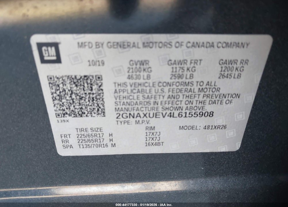2020 CHEVROLET EQUINOX AWD LT 1.5L TURBO VIN: 2GNAXUEV4L6155908