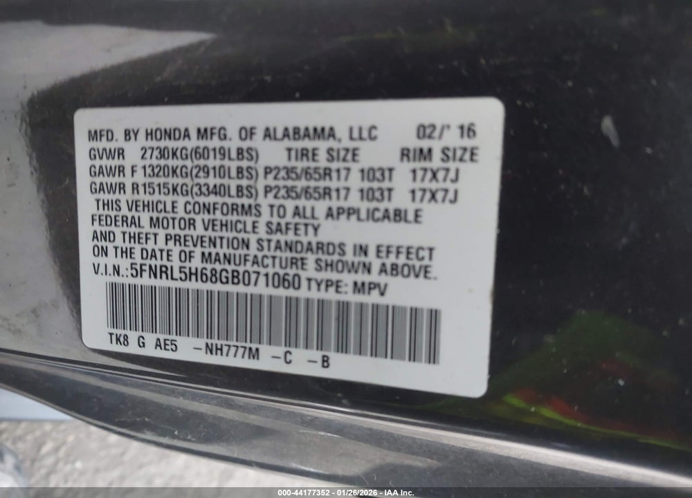 2016 HONDA ODYSSEY EX-L VIN: 5FNRL5H68GB071060