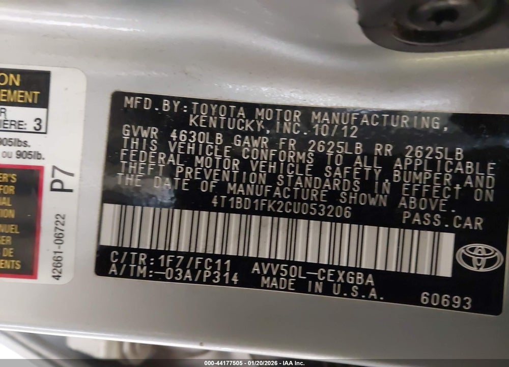 2012 TOYOTA CAMRY HYBRID VIN: 4T1BD1FK2CU053206