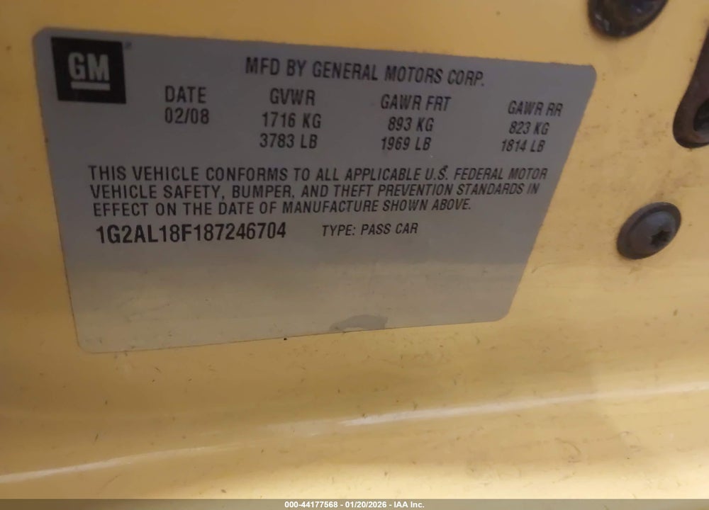 2008 PONTIAC G5 VIN: 1G2AL18F187246704