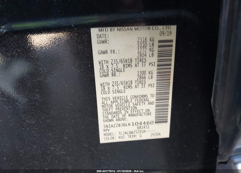 2020 NISSAN MURANO SV FWD VIN: 5N1AZ2BJ6LN104460