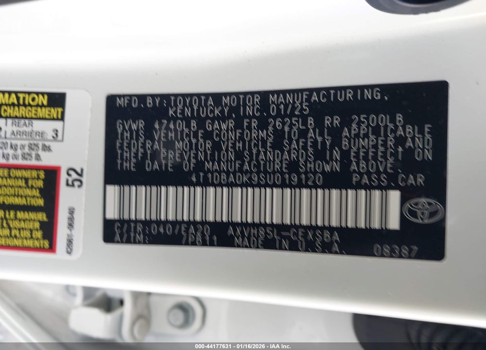 2025 TOYOTA CAMRY SE VIN: 4T1DBADK9SU019120