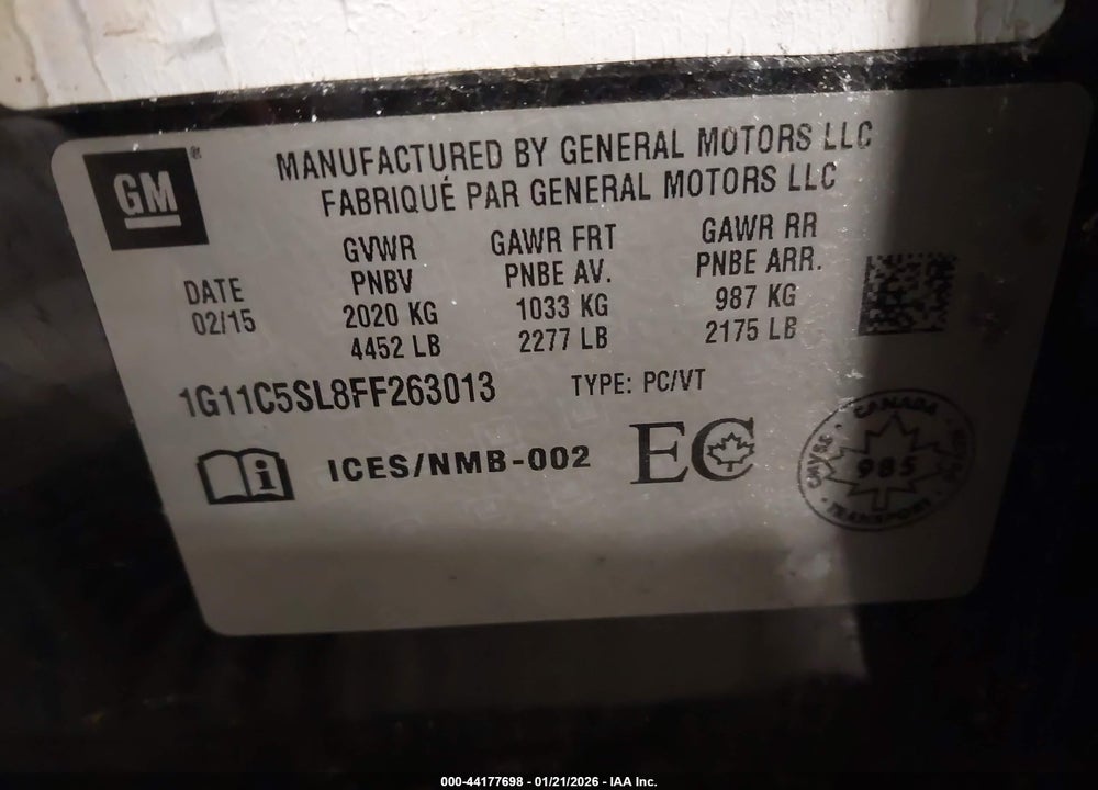 2015 CHEVROLET MALIBU 1LT VIN: 1G11C5SL8FF263013