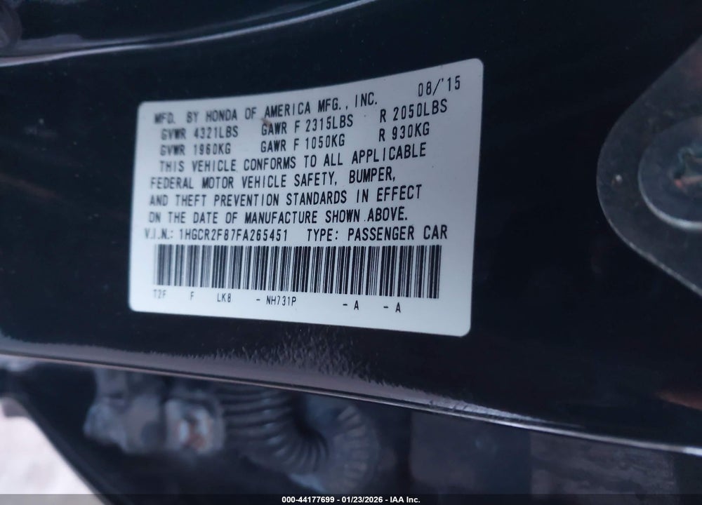 2015 HONDA ACCORD EX-L VIN: 1HGCR2F87FA265451