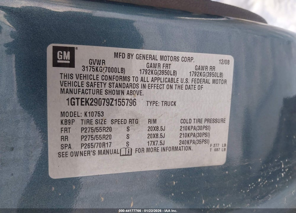 2009 GMC SIERRA 1500 SLE VIN: 1GTEK29079Z155796