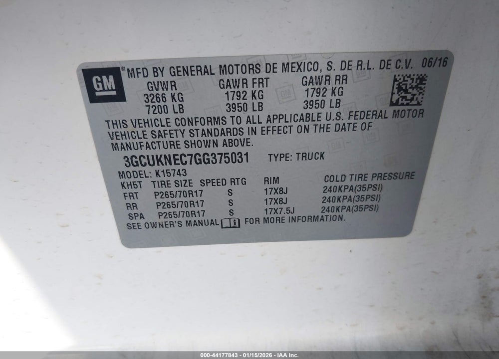 2016 CHEVROLET SILVERADO 1500 WT VIN: 3GCUKNEC7GG375031