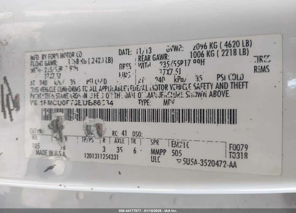 2014 FORD ESCAPE S VIN: 1FMCU0F78EUB86534