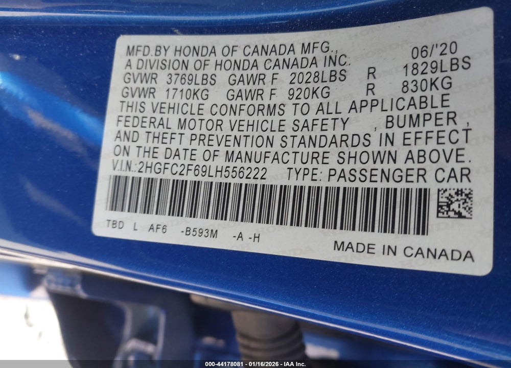2020 HONDA CIVIC LX VIN: 2HGFC2F69LH556222