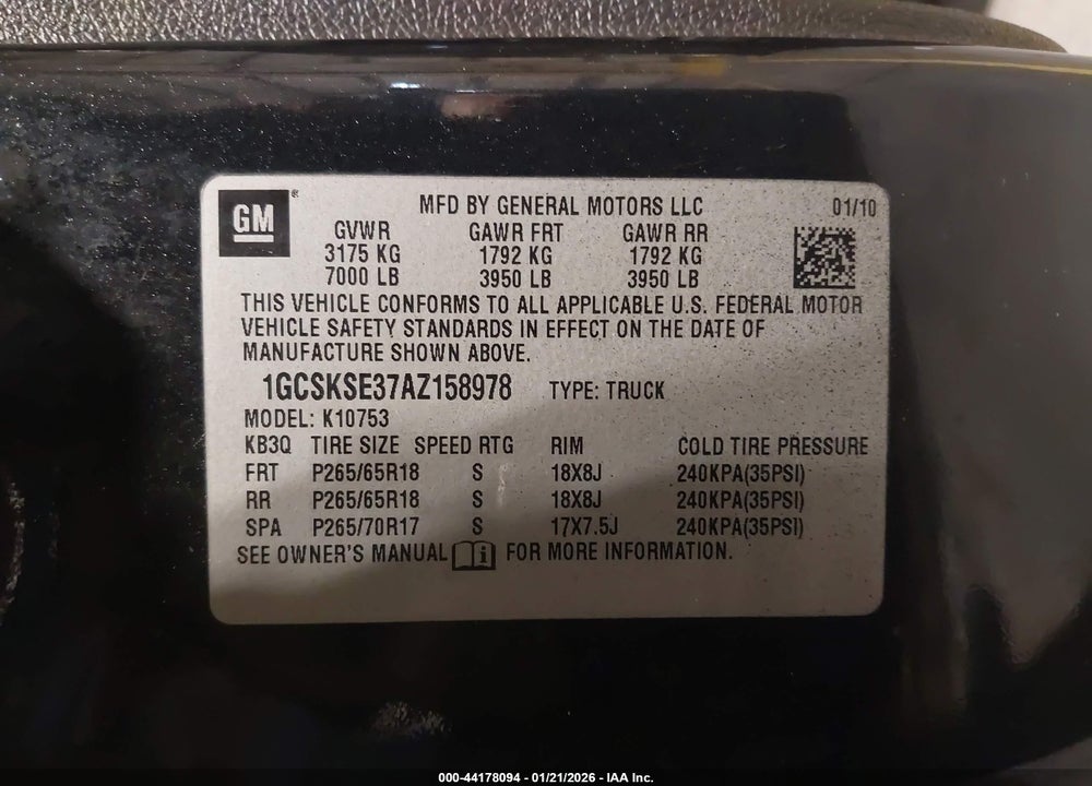 2010 CHEVROLET SILVERADO 1500 LT VIN: 1GCSKSE37AZ158978