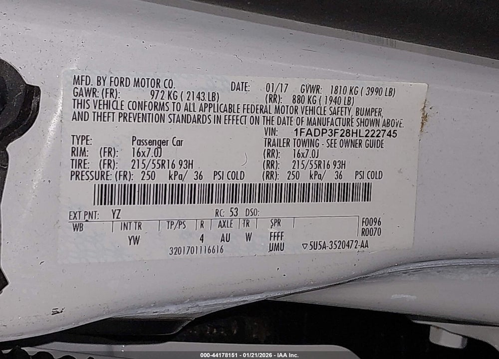 2017 FORD FOCUS SE VIN: 1FADP3F28HL222745