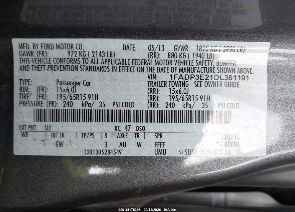 2013 FORD FOCUS S VIN: 1FADP3E21DL361191