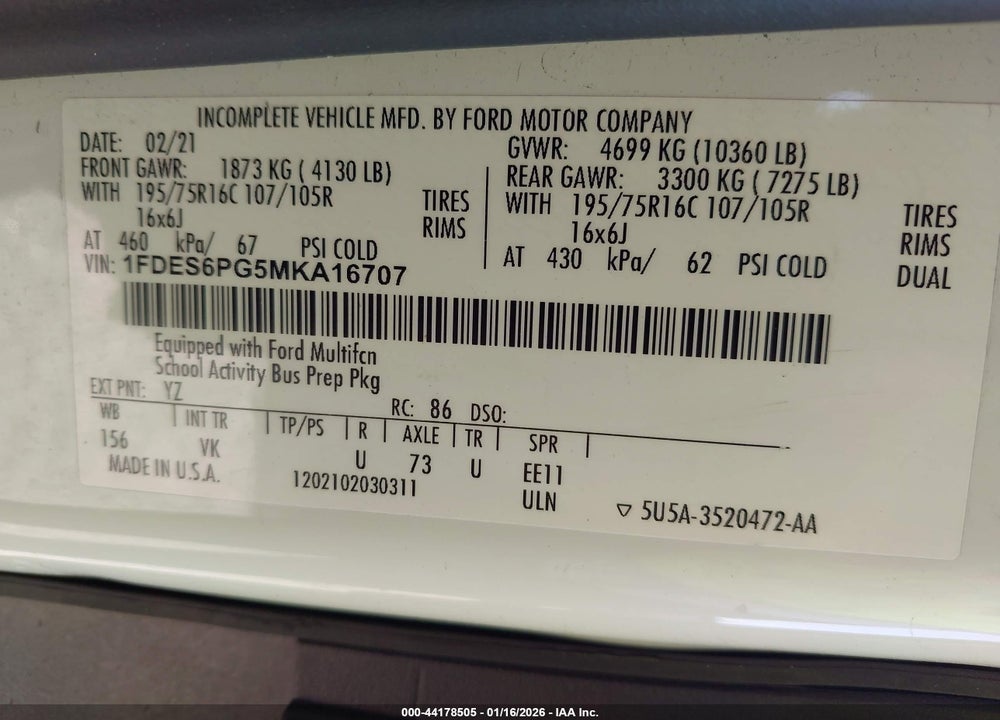 2021 FORD TRANSIT-350 CUTAWAY VIN: 1FDES6PG5MKA16707