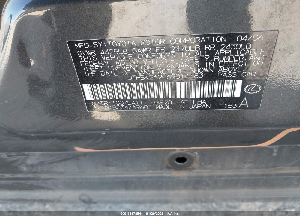 2006 LEXUS IS 250 VIN: JTHBK262062014483
