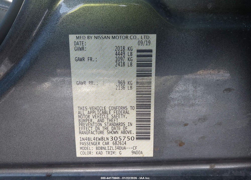 2020 NISSAN ALTIMA SL INTELLIGENT AWD VIN: 1N4BL4EW8LN305750