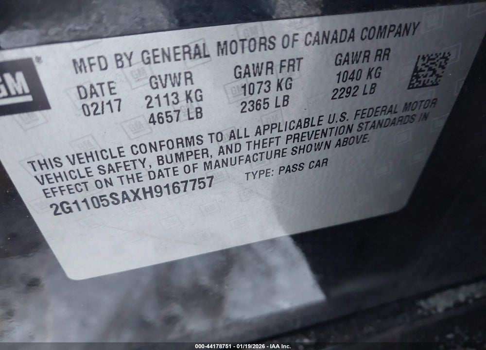 2017 CHEVROLET IMPALA 1LT VIN: 2G1105SAXH9167757