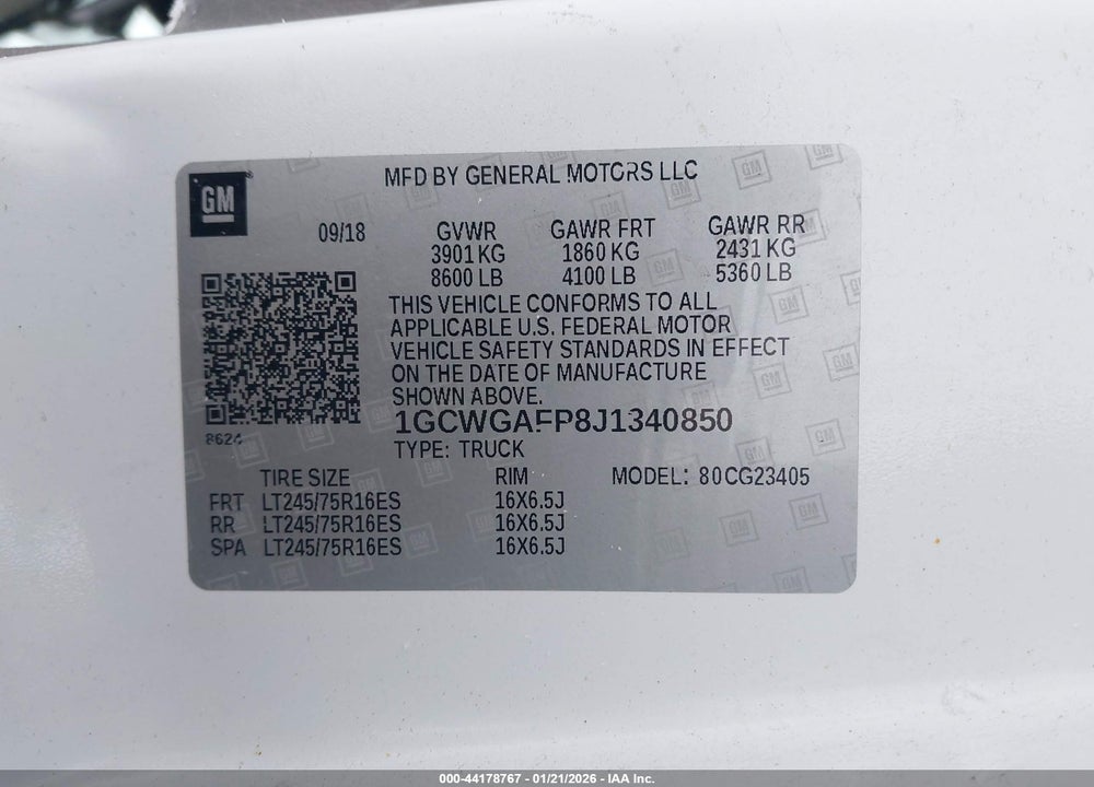2018 CHEVROLET EXPRESS 2500 WORK VAN VIN: 1GCWGAFP8J1340850