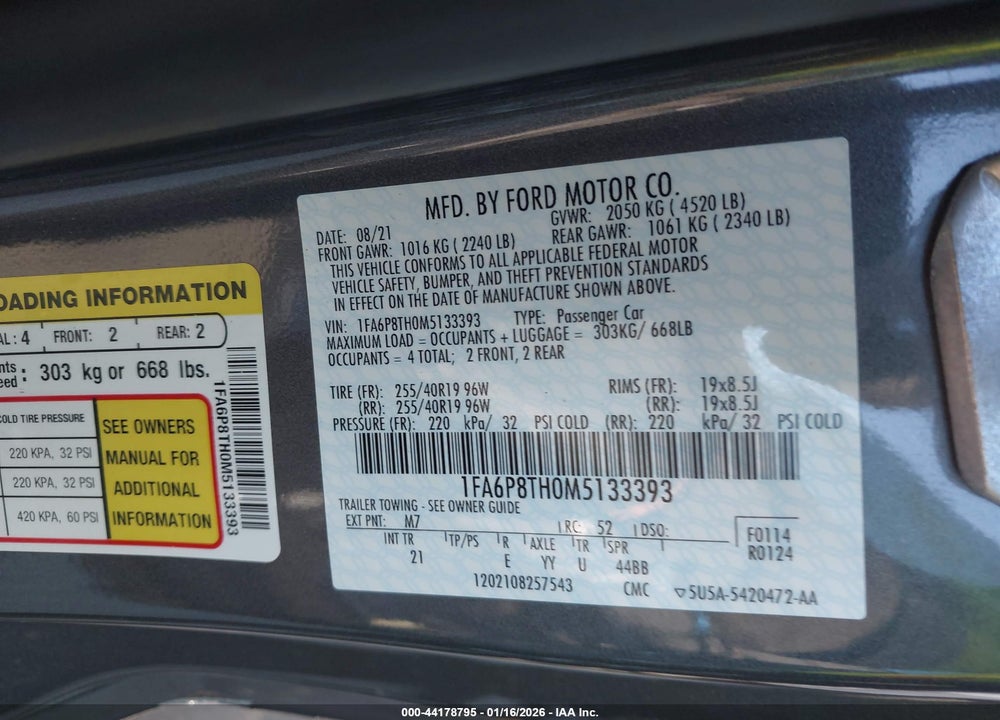 2021 FORD MUSTANG ECOBOOST FASTBACK VIN: 1FA6P8TH0M5133393