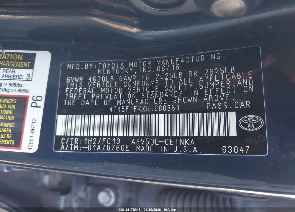 2017 TOYOTA CAMRY LE VIN: 4T1BF1FKXHU660861