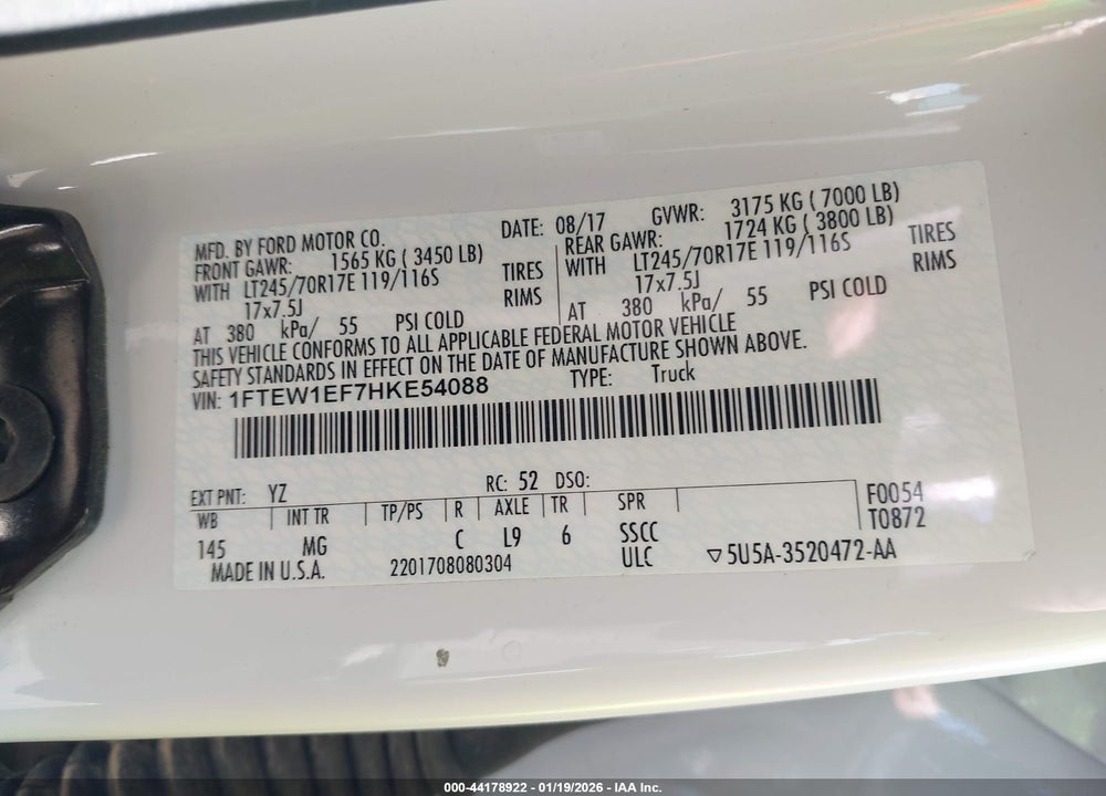 2017 FORD F-150 XLT VIN: 1FTEW1EF7HKE54088