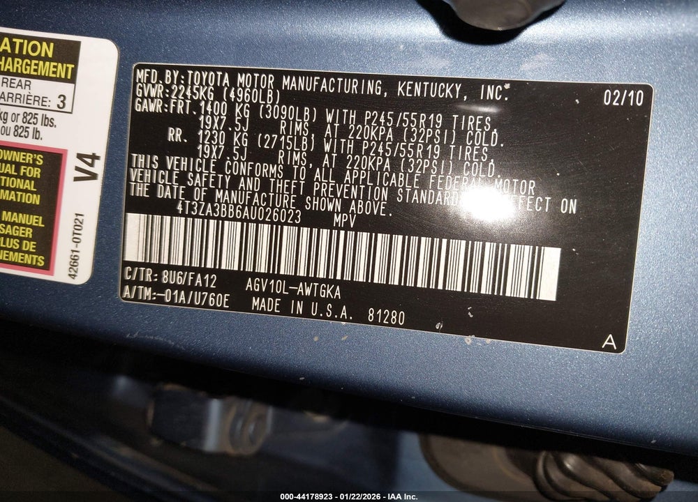 2010 TOYOTA VENZA VIN: 4T3ZA3BB6AU026023