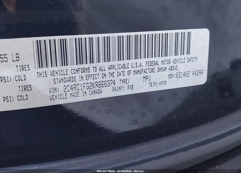 2019 CHRYSLER PACIFICA TOURING PLUS VIN: 2C4RC1FG2KR666374