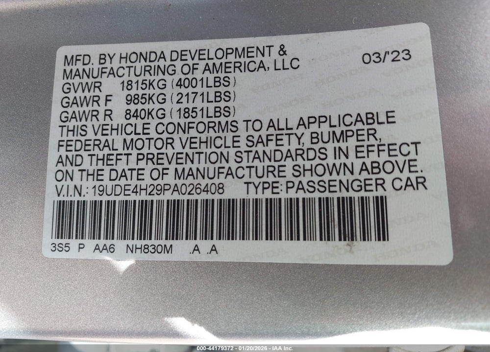 2023 ACURA INTEGRA VIN: 19UDE4H29PA026408