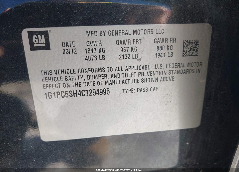 2012 CHEVROLET CRUZE LS VIN: 1G1PC5SH4C7294996
