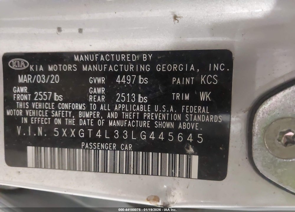 2020 KIA OPTIMA LX VIN: 5XXGT4L33LG445645