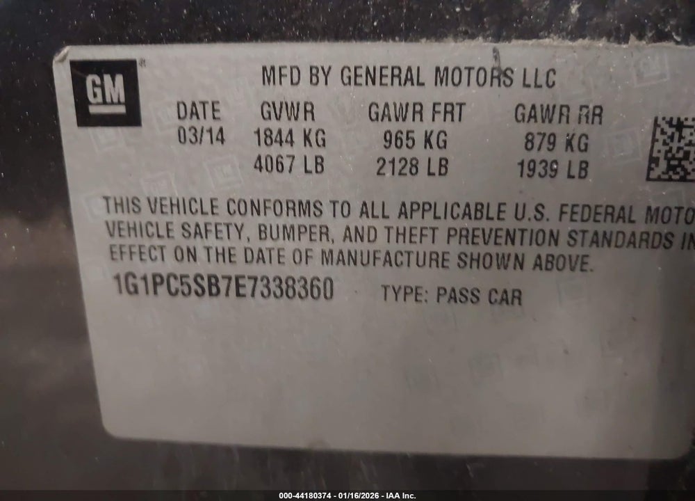 2014 CHEVROLET CRUZE 1LT AUTO VIN: 1G1PC5SB7E7338360