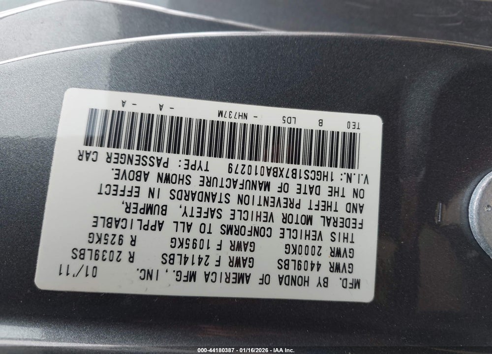 2011 HONDA ACCORD 2.4 EX VIN: 1HGCS1B7XBA010279