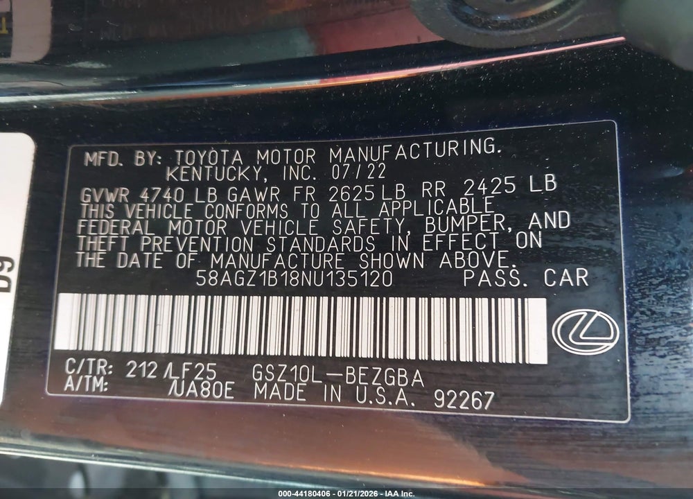 2022 LEXUS ES 350 F SPORT VIN: 58AGZ1B18NU135120