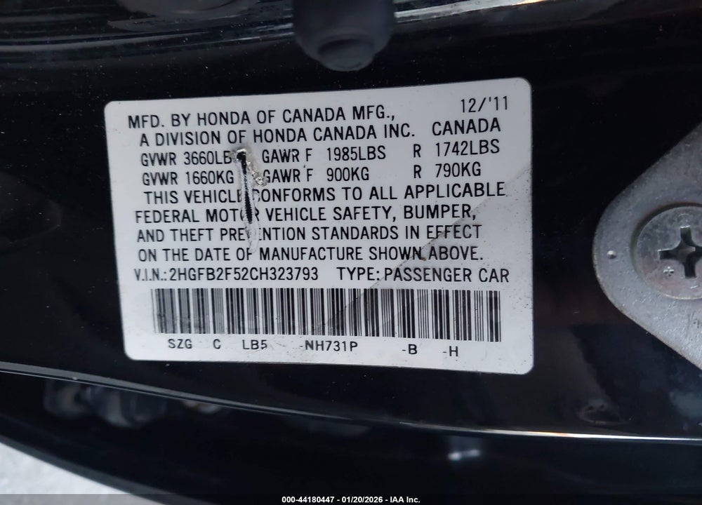 2012 HONDA CIVIC LX VIN: 2HGFB2F52CH323793