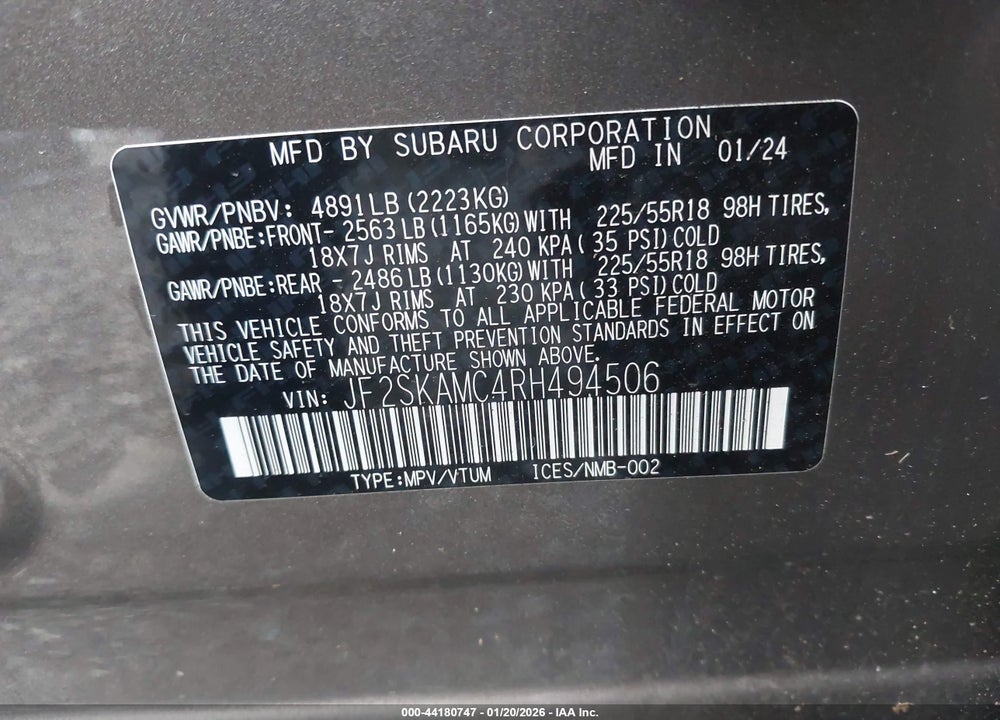 2024 SUBARU FORESTER TOURING VIN: JF2SKAMC4RH494506