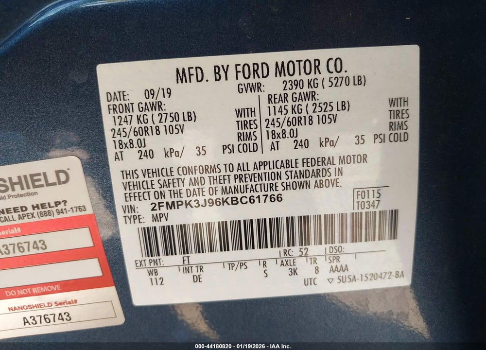 2019 FORD EDGE SEL VIN: 2FMPK3J96KBC61766