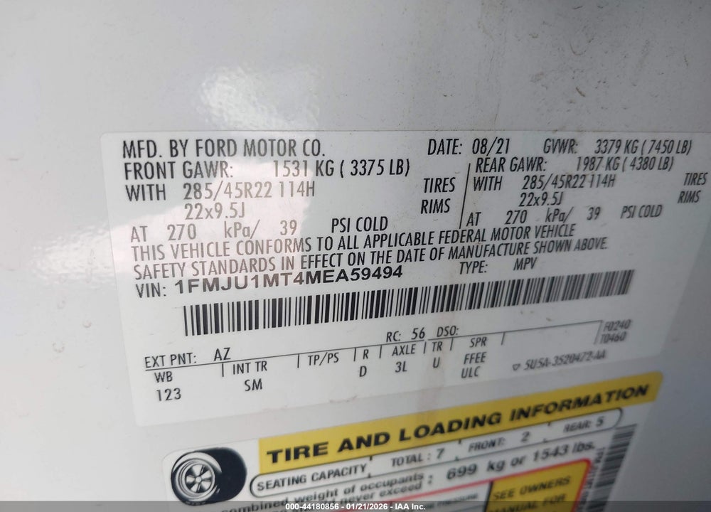 2021 FORD EXPEDITION PLATINUM VIN: 1FMJU1MT4MEA59494
