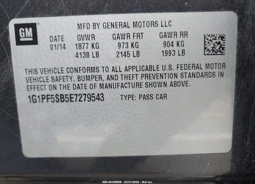 2014 CHEVROLET CRUZE 2LT MANUAL VIN: 1G1PF5SB5E7279543