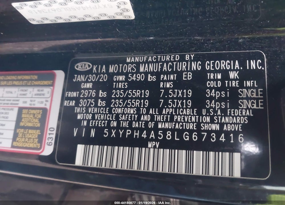 2020 KIA SORENTO 3.3L EX VIN: 5XYPH4A58LG673416