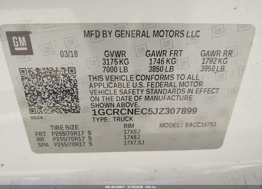 2018 CHEVROLET SILVERADO 1500 WT VIN: 1GCRCNEC5JZ307899